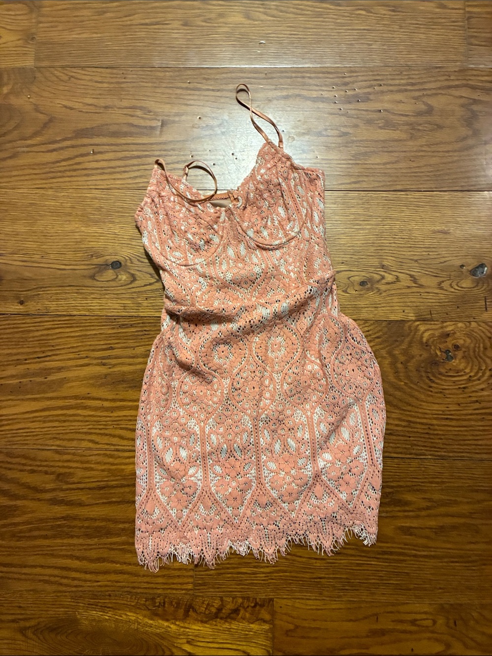 Express Coral Pink Lace Mini Dress with Spaghetti Straps